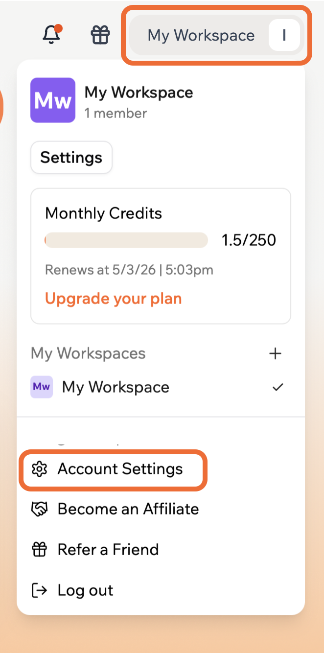 Base44 Account Settings from My Workspace